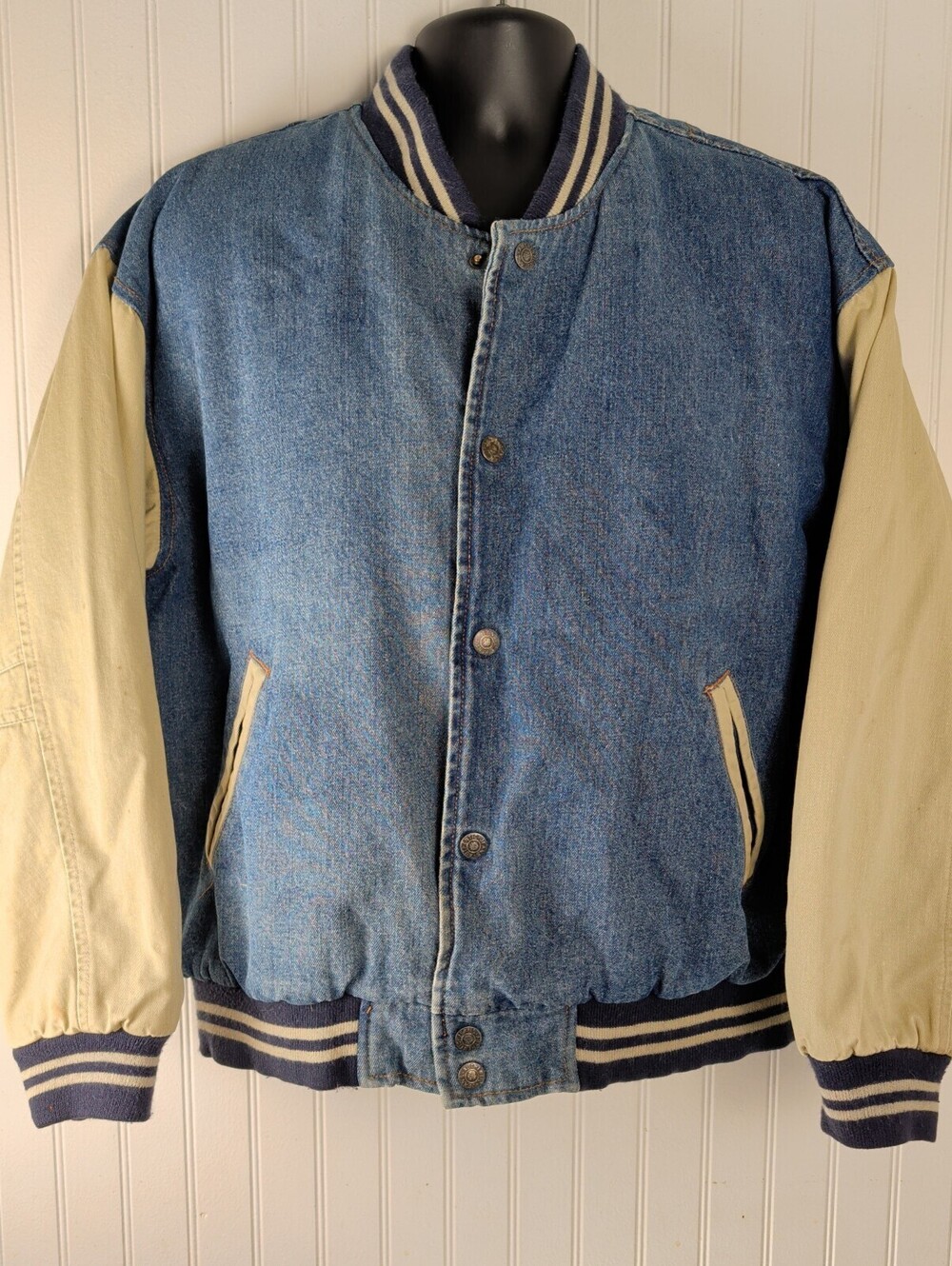 90's  GFC Denim Varsity Bomber Jacket Two-Tone 90s Streetwear Medium